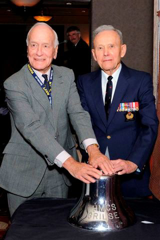Cdr Ed Gigg (retired, right), first CO of HMCS GRILSE and LCdr Hamish Berchem (retired, left), final CO of HMCS GRILSE at 50th Anniversary celebration.  Credit: Cpl Alex Croskery, MARPAC Imaging Services
